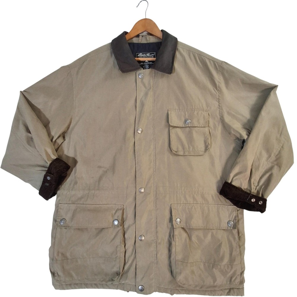 VTG Eddie Bauer Field Jacket‎ Mens L Quilted Lined Leather Collar Corduroy Trim